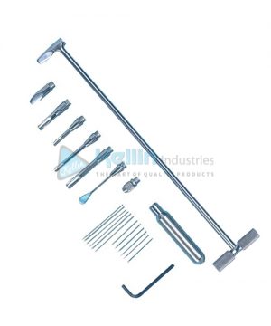 Dental Pick Set Set includes a Short Handpiece and Long ‘T’ Bar Handle which accept the six interchangeable heads enabling access to all areas of the mouth. All interchangeable heads can also be rotated. Contains six interchangable heads Chisel, Osteotome - Long and Short, Elevator - Long and Short, Loop Curette. All contained in a Canvas Bag with Pockets.