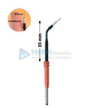 Micro Dissection Needle Electrodes With 2.4 mm Shaft, Angled 35 mm Monopolar high temperature tungsten needle electrodes with ceramic insulation for cutting and coagulation