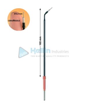 Micro Dissection Needle Electrodes With 2.4 mm Shaft, Angled 105 mm Monopolar high temperature tungsten needle electrodes with ceramic insulation for cutting and coagulation
