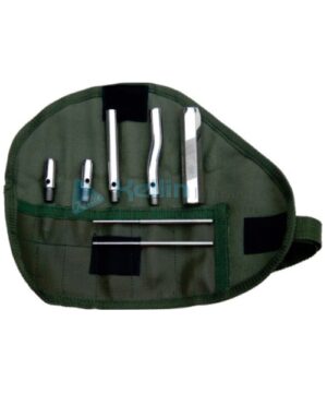 Wolf Tooth Extractor Set - Basic Burgess Type in Canvas Bag with ergonomic handle Set contains; Fine Quality Instruments 1- Handle 2- Straight and Cranked Extension Piece 3- 8.0mm & 10mm Cutting Head 4- T-bar for displacing tooth heads 5- T-bar for tightening 6- Canvas Bag with Pockets