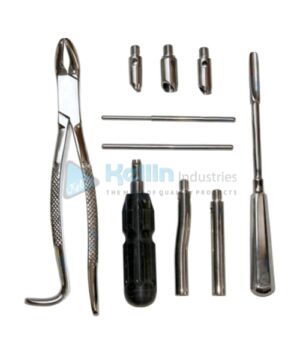 Wolf Tooth Extractor Set - Complete Burgess Set Complete Wolf Tooth Extractor Set in Canvas Bag Set contains; 1- Handle 2- Straight and Cranked Extension Piece 3- 6.5mm, 8.0mm, 10mm &12.5mm Cutting Head 4- T-bar for displacing tooth heads 5- T-bar for tightening 6- Tooth Elevator 7- Incisor/Fragment Dental Forceps 8- Canvas Bag with Pockets